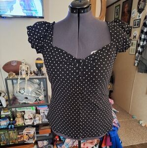 Unique Vintage Black Blouse with White Dots